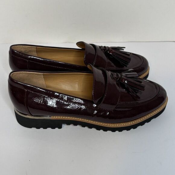 Franco Sarto Carolynn Patent Leather Burgundy Tassel Lug Loafer Shoes Womens - Picture 1 of 8